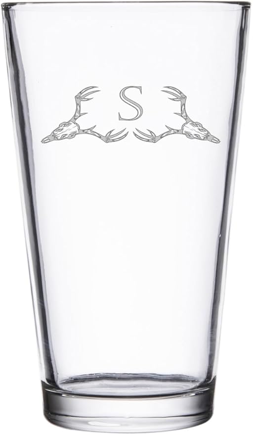 Hat Shark Deer Skull Letter Monogram Pint Beer Glass, 16 oz, Clear, A-Z Initials (1, Letter S)