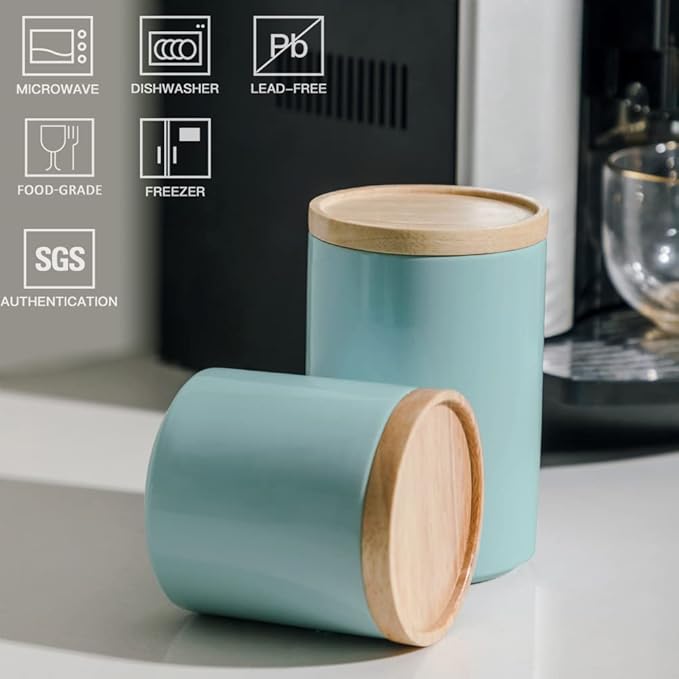 Sweejar Kitchen Canisters Ceramic Food Storage Jar, Stackable Containers with Airtight Seal Wooden Lid for Serving Ground Coffee, Tea, Sugar, Salt and More - 28 Fl Oz (Dark Turquoise)