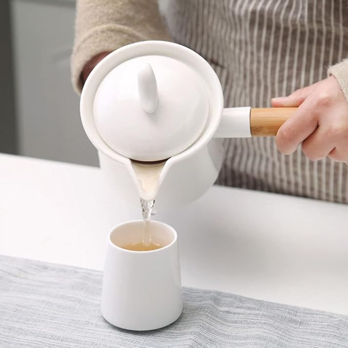 Unomor Mini Sauce Pan Ceramic Milk Pan Porcelain Tea Pot with Lid Wooden Handle 350ml Butter Warmer Mini Cooking Pot Coffee Pitcher for Soup Drink Kung Fu Tea White