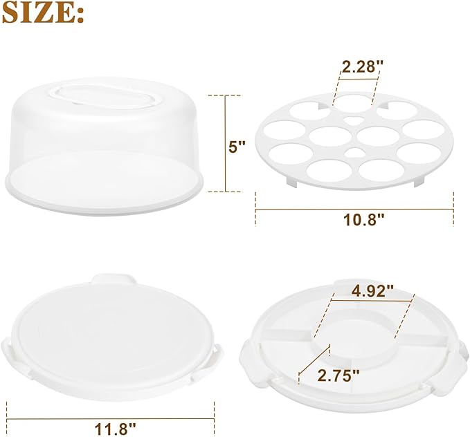 Cake Carrier with Lid and Handle, Multipurpose Cake Stand Fits 10 inch Cake, Cupcake Containers for 11 Cupcakes，Cake Holder Serves as Five Section Serving Tray, Portable Cake Carriers, White