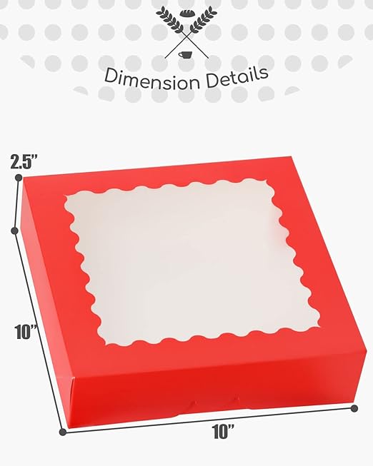 qiqee Auto-pop up Red Pie Boxes with Window 10x10x2.5 inch 30Packs Cookie Donut Bakery Box