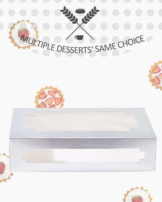 qiqee Silver Cookie Boxes for Gift Giving 8x5.3x2 inch 24Packs Silver Treat Box with Window Bakery Box for Donuts Candies and Biscuit
