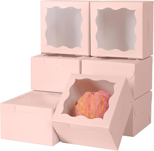 25pcs Pink Small Cake Box,4x4x2.5 Inch Bakery Boxes with Window,gift boxes bulk for Mini Cake Pastry Dessert Strawberries Chocolates Cupcakes with Stickers