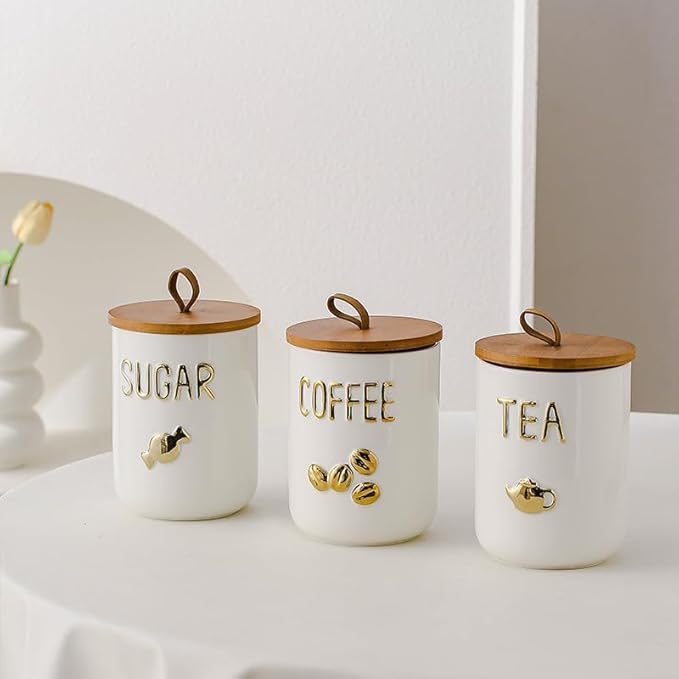 Comeon Ceramic Canister Set with Airtight Seal Bamboo Lid Silicone, 27oz Food Storage Jars for Coffee Sugar Tea, Container Set for Kitchen Pantry Counter Decor (Three Piece)