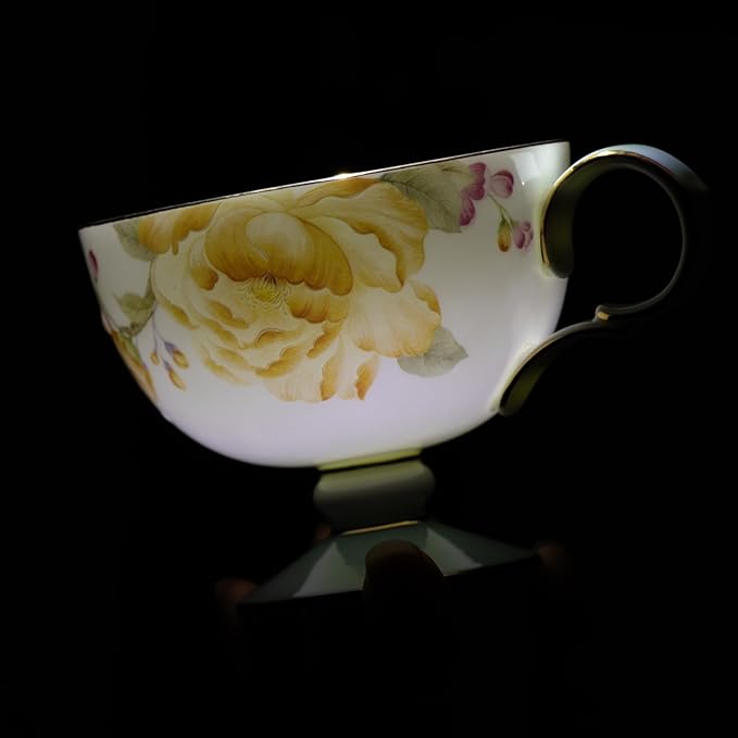 KAMMAK Ceramic Tea Cup and Saucer Set with Gold Trim, Yellow Peony Floral Pattern, Elegant Bone China Coffee Cup with Light Blue Saucer for Afternoon Tea, Gift for Women