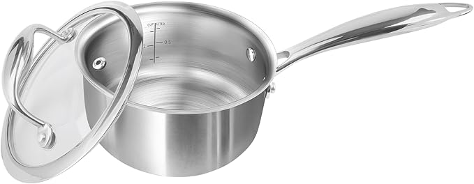 Macevia Sauce Pan with Glass Lid, 18/10 Stainless Steel Pot with Stay-Cool Handle, For All Stoves Multipurpose Use for Home Kitchen or Restaurant（1 Quart）- Silver