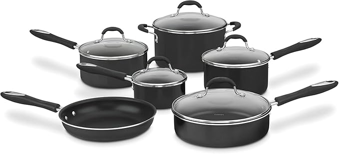Cuisinart 11-Piece Nonstick Cookware Set, Black, 55-11BK & 12-Inch Skillet, Nonstick-Hard-Anodized with Glass Cover, 622-30G