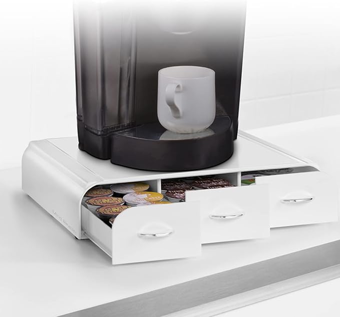 Mind Reader Single Serve Coffee Pod Organizer with 3 Drawers, 36 Pod Capacity, Countertop, 12.25"L x 13.5"W x 2.5"H, White (Pack of 8)