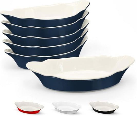 Au Gratin Baking Dishes, by Kook, Mini Casserole Dish, Set of 6, for Banana Split, Oven and Microwave Safe, Dishwasher Safe, Ceramic Serving Dishes, Lasagna & Cobblers, Individual Serving, 12 oz (Navy)