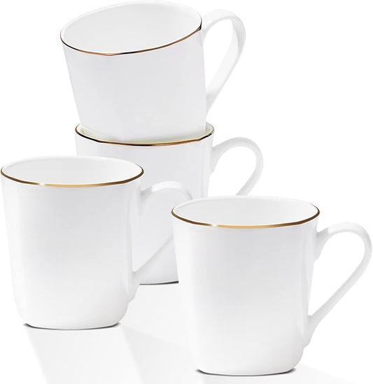Bone China Coffee Mugs, 10oz Espresso Cups Set of 4, Lightweight Ceramic Coffee Mugs, Porcelain White Tea Cups, Latte Mugs for Women Men Moonlight, Gold Trim