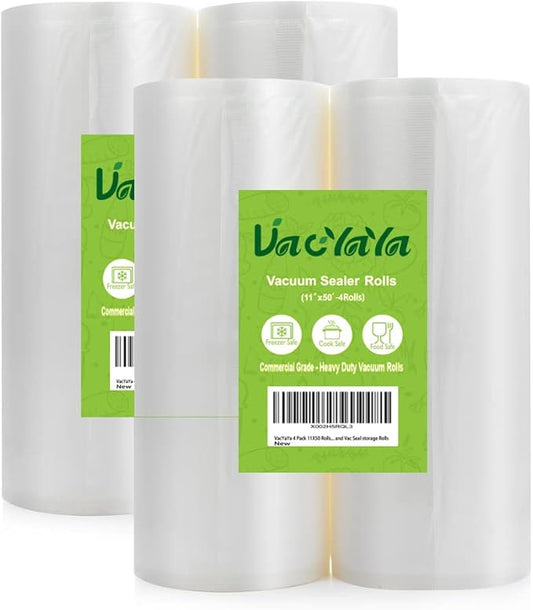 VacYaYa 4 Pack 11X50 Rolls (Total 200 feet) Vacuum Sealer Bags Rolls with BPA Free,Heavy Duty,Great for Sous Vide and Vac Seal storage Rolls