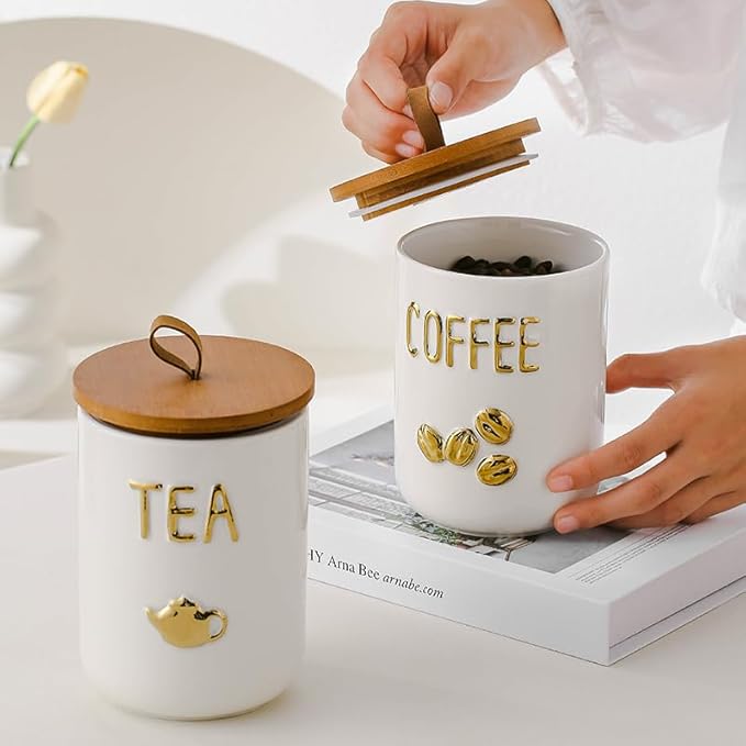 Comeon Ceramic Canister Set with Airtight Seal Bamboo Lid Silicone, 27oz Food Storage Jars for Coffee Sugar Tea, Container Set for Kitchen Pantry Counter Decor (Tea)