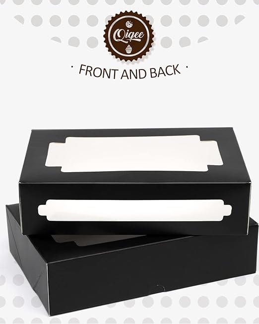 qiqee 36Packs Auto-pop Black Cookie Boxes for Gift Giving 8x5.3x2 inch Black One Second Fold Bakery Box with Window Treat Box for Donuts Candies and Biscuit