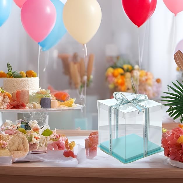 XININSUN 4inch clear cake box with ribbon,7x7x8inch small cake carrier,Bakery Take Out Transport Containers clear gift boxes for wedding,birthday,party(6pcs-green)