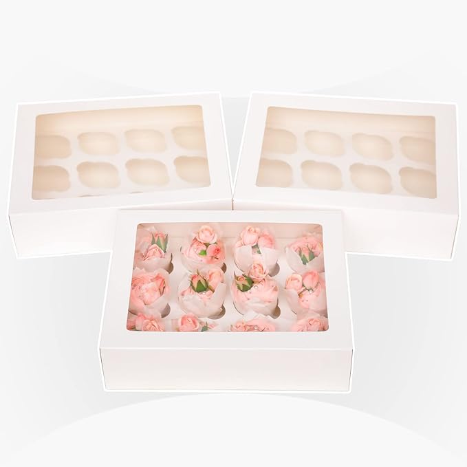 Bakepacker Auto-pop up 12 Cupcake Containers 6-Packs White Cupcakes Carrier, 12 Cupcake Boxes with Window 13"x10"x3.5"
