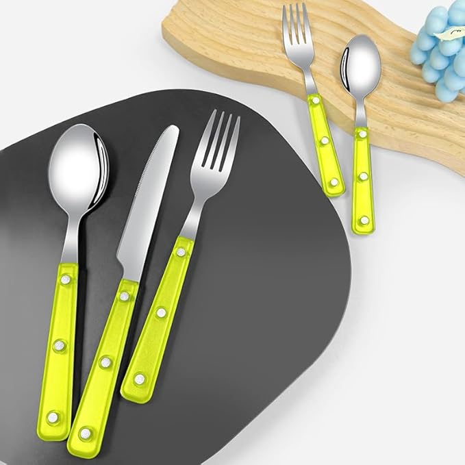 Silverware Set, 20 Piece Stainless Steel Cutlery set,Set for 4 People,Includes Knife, Fork, Spoon, Dessert Spoon and Dessert Fork, with Elegant Frosted Transparent Handles (Fluorescent green (20 PC))