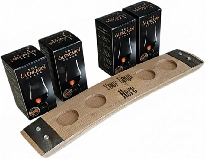 Personalized Premium 4 Glass Whiskey Flight/Engraved Center/Personalized Gift/Crystal Glass Option/Natural Oak Color (Your Logo/Design)