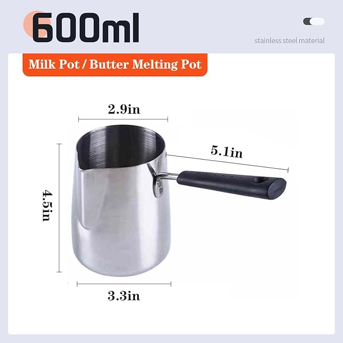 Butter Coffee Milk Warmer Mini Butter Melting Pot Turkish Coffee Warmer and Butter Melting Pot, Stainless Steel, 20-Ounce Capacity (600ML)