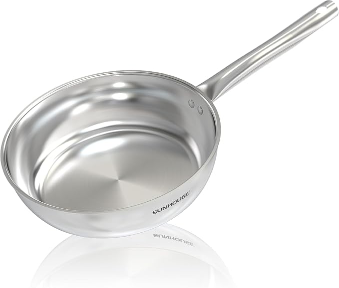 SUNHOUSE 8 Inch Tri-Ply Stainless Steel Frying Pan, Whole-Clad No Coatings Skillet with Stay-cool Handle for Cooking, Durable & Oven Safe to 500°F, Dishwasher Safe, Compatible with All Cooktops