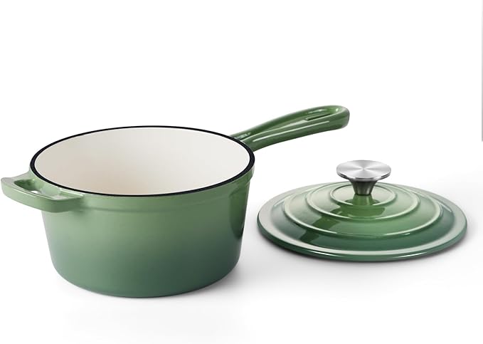 Onader 1QT Enameled Cast Iron Saucepan with Lid, Small Sauce Pan, Enamel Cast Iron Dutch Oven Cooking Kitchen Pot, Nonstick & Heavy Duty – Pistachio Green