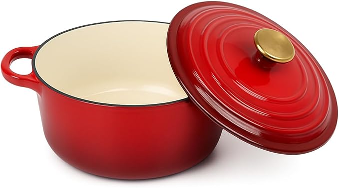 3.5 QT Red Enameled cast Iron Dutch oven_Heavy_Duty Rond pot with Lid for bread Baking, stew, soup,& Roasting"