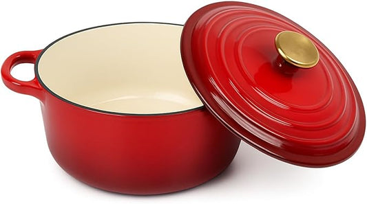 3.5 QT Red Enameled cast Iron Dutch oven_Heavy_Duty Rond pot with Lid for bread Baking, stew, soup,& Roasting"