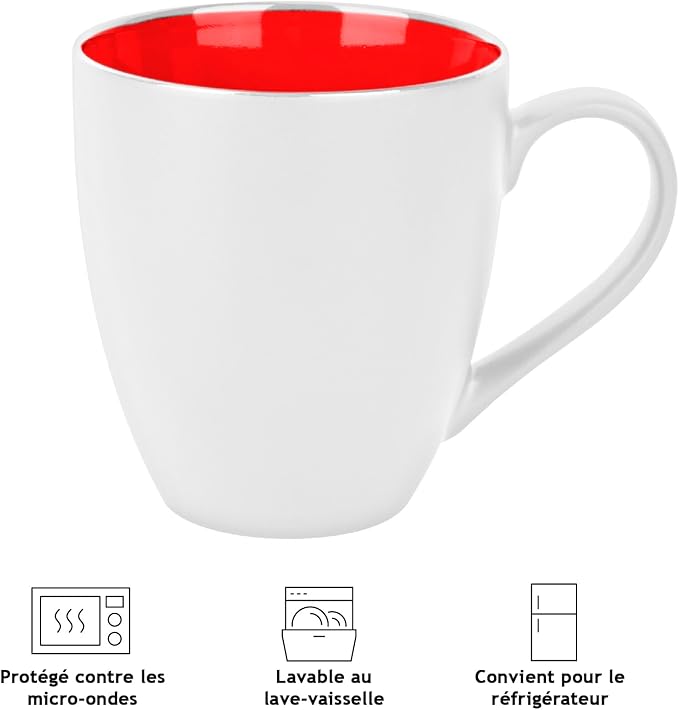 MIAMIO - Set of 6 Stoneware Coffee Mugs 12 Ounce/Cup Set - Le Papillon Collection (White-Red)