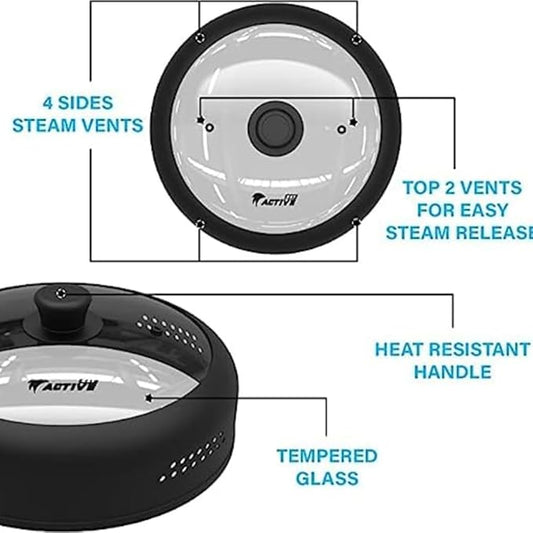 Microwave Cover for Food, Silicone and Glass Splatter Guard Lid for 6–7–8–9-10-11-12 inch Plates & Bowls. By EZY ACTIVE.