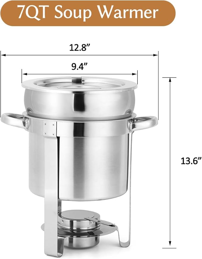 Snowtaros 7QT Soup Chafer, Stainless Steel Round Soup Warmer with Pot Lid & Fuel Holder, Commercial Soup Pot Chafing Dish for Catering, Parties, Banquets, Events (2 Pack)
