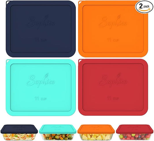 Sophico 11 Cup Rectangle Silicone Storage Cover Lids Replacement for Pyrex 7212-PC Glass Bowls, Container not Included (MIX)