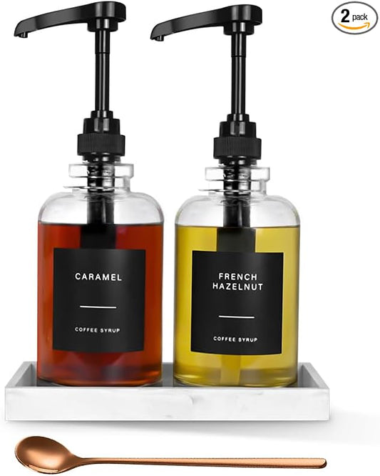 Coffee Syrup Dispenser for Coffee Bar, Glass Syrup Dispenser with Pump, Coffee Syrup Pump Dispenser Bottle with Tray, Spoon for Coffee Station, Coffee Bar Organizer, Black,16.9 oz, 500 ml