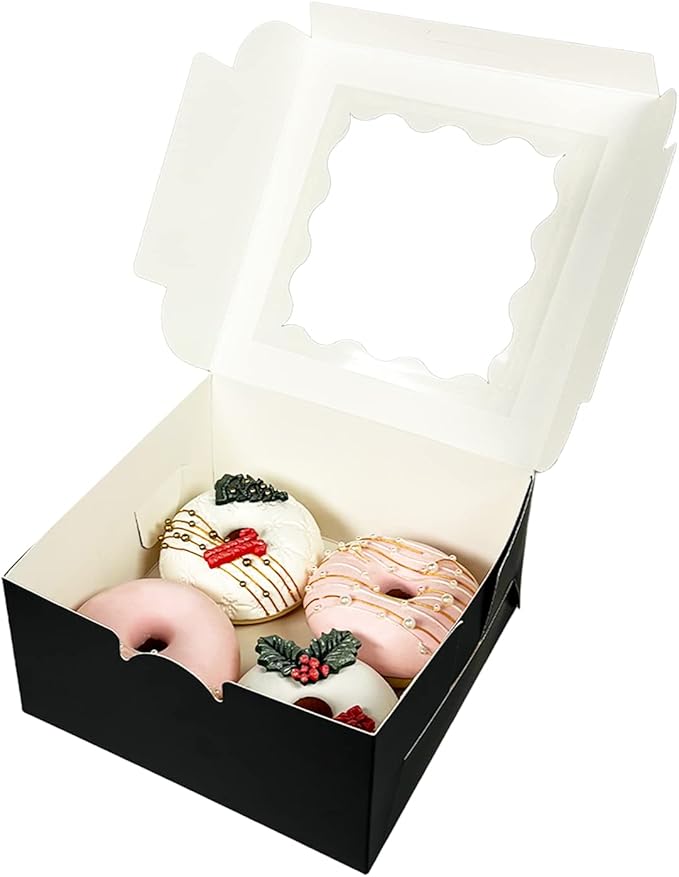 Bakepacker Black 30-Packs Bakery Boxes with Window 6x6x3 inches Thick & Sturdy Macaroon Pastry Boxes Cookie Boxes for Bakerys
