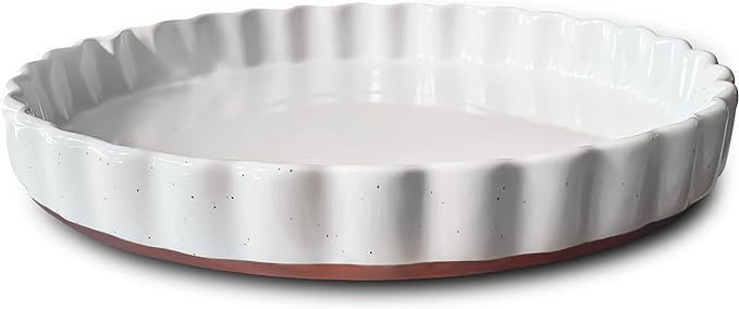 Mora Ceramic Tart Pan, 9.5 Inch Large Porcelain Baking Dish for Tarts, Quiche, Pie, Flan etc. Fluted Ruffled Edge, Oven, Microwave, Freezer, and Dishwasher safe - Great Gift For Bakers - Vanilla White