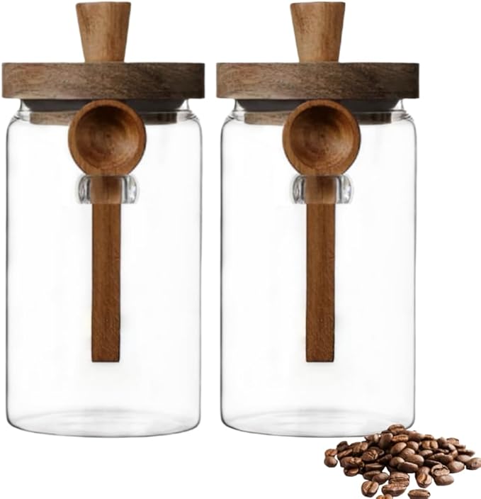ANSQU 2 Pack Glass Jars with Wooden Lids & Spoons, 34oz Food Storage Containers Coffee Jar Coffee Grounds Container, Food Storage Canister