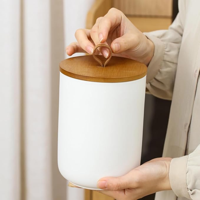 Ceramic Storage Jars, Modern Elegant Highly Polished Airtight Gorgeous Storage Canisters with Wooden Lid Small Food Stroage Jar for Kitchen Spice Tea Vanilla Sugar Coffee Beans (White tuba)