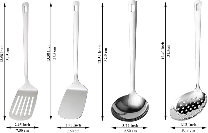Stainless Steel Kitchen Utensils Set, 4-Piece – Slotted Turner, Solid Turner, Skimmer & Ladle – Rust-Resistant, Long Handle, Hanging Loop, Dishwasher Safe – Everyday Cooking & Serving