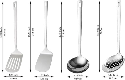 Stainless Steel Kitchen Utensils Set, 4-Piece – Slotted Turner, Solid Turner, Skimmer & Ladle – Rust-Resistant, Long Handle, Hanging Loop, Dishwasher Safe – Everyday Cooking & Serving