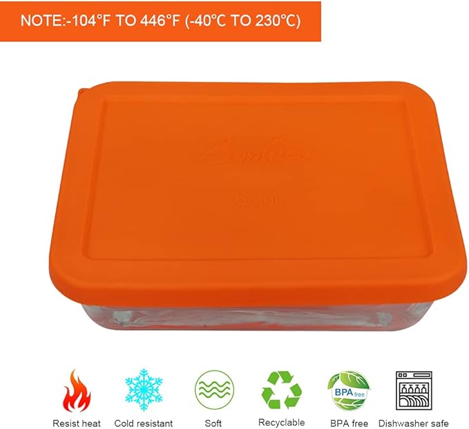 Sophico 6 Cup Rectangle Silicone Storage Cover Lids Replacement for Pyrex 7211-PC Glass Bowls, Container not Included (Red-Orange)