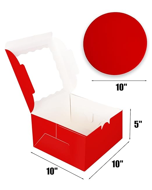 qiqee 10x10x5 Cake Box, 18 Sets Red Cake Box with Window ＆ 18 Sets 10" Red Cake Round Boards, 10inch Cake Containers