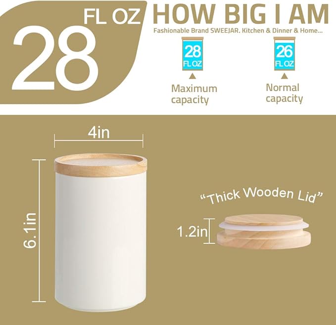 Sweejar Kitchen Canisters Ceramic Food Storage Jar, Stackable Containers with Airtight Seal Wooden Lid for Serving Ground Coffee, Tea, Sugar, Salt and More - 28 Fl Oz (White)
