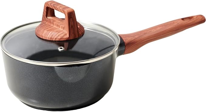 2 Quart Nonstick Sauce Pan with Lid, Nonstick Saucepan with Pour Spout, Small Pots for Cooking with Handle for All Cookers, Stove, Induction, Gas, Non Toxic (Granite, Black)