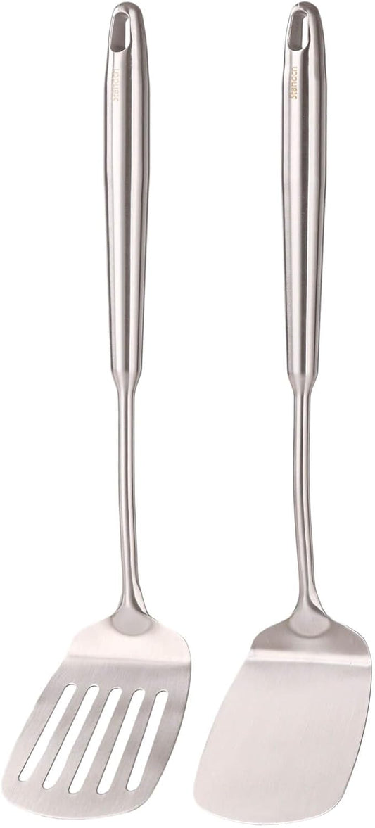 18/10 Stainless Steel Spatulas Set - All Metal Spatulas for Kitchen Use or Outdoor Grilling, 14.7″ Long, Non Toxic, Heavy Duty, Commercial, Chef Grade - 1 Slotted Spatula + 1 Solid Turner for Cooking