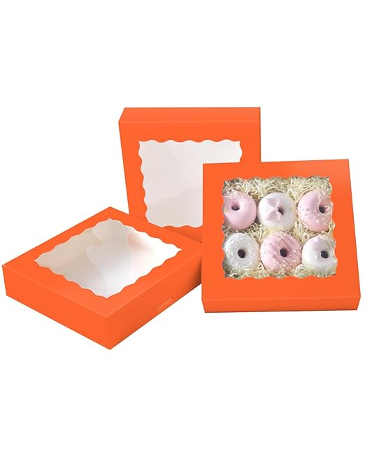qiqee Auto-pop Up Orange Pie Boxes with Window 10x10x2.5 inch 30Packs Cookie Donut Bakery Box