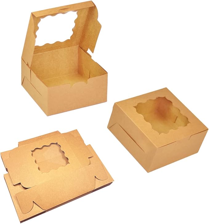 Bakepacker Brown 30-Packs Bakery Boxes with Window 6x6x3 inches Thick & Sturdy Macaroon Pastry Boxes Cookie Boxes for Bakerys