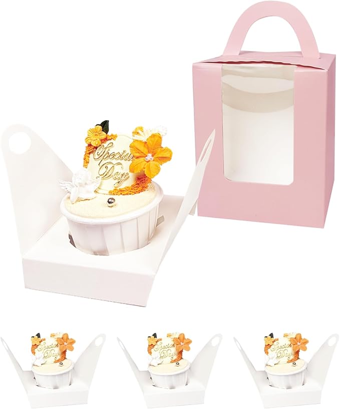 Bakepacker Auto-pop up Individual Cupcake Boxes with Window 25 Count Pink Single Cupcakes Box 3.6 x 3.6 x 4.3inch Cupcake Carrier