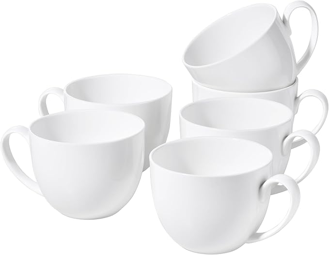 White Large Bone China Coffee Mugs Set of 6, 22 OZ Over 45% Bone China Content Oversized Porcelain Mugs for Cereal, Lightweight Soup Cups with Handles for Salad Tea, Hot Chocolate Cocoa Modern Design