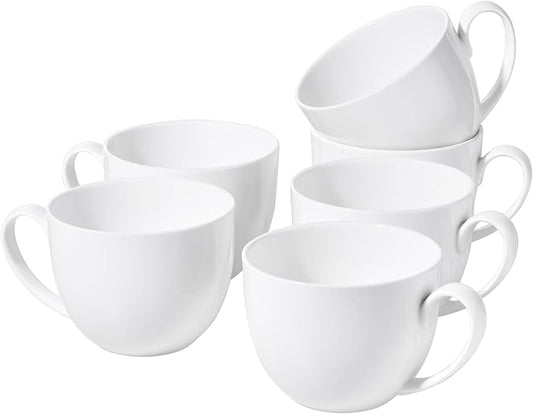 White Large Bone China Coffee Mugs Set of 6, 22 OZ Over 45% Bone China Content Oversized Porcelain Mugs for Cereal, Lightweight Soup Cups with Handles for Salad Tea, Hot Chocolate Cocoa Modern Design