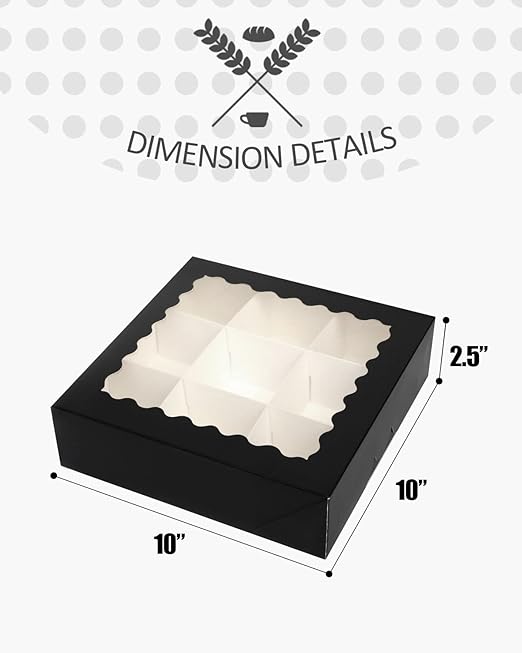 qiqee Auto-pop up Black Pie Boxes with Window 10x10x2.5 inch 30Packs Cookie Donut Bakery Box
