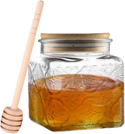 ANSQU Honey Pot, Airtight Glass Honey Jar with Bamboo Lid and Dipper Stick, Honey Container for Storing Jam Mason Jar for Home Kitchen, 17oz (Square Begonia, 1 Pack)