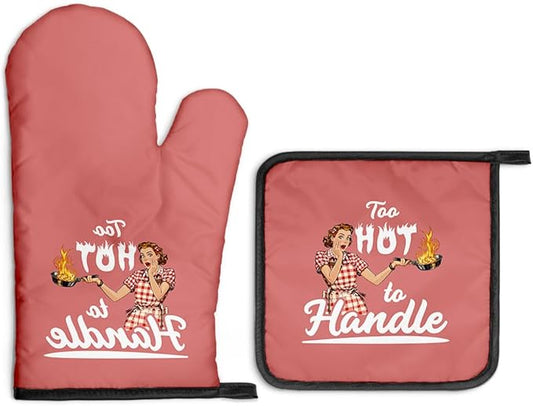 Too Hot to Handle Funny Oven Mitts and Pot Holders Sets, Retro Kitchen Decor Oven Mitts for Women, Baking Gifts for Her Housewives, Housewarming Present for Bakers, Hostess Gifts for Mom Wife